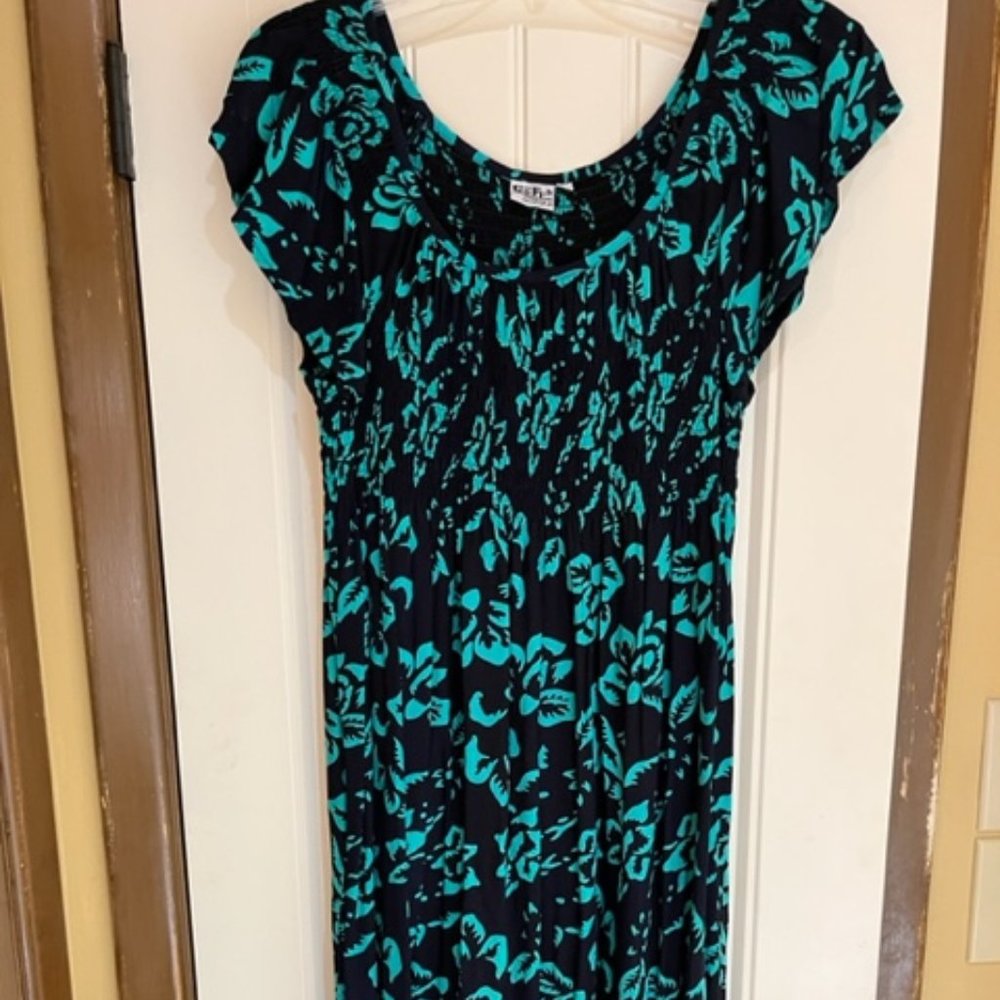 Go Fish Peasant Dress, Size Large, Black and Blue Teal